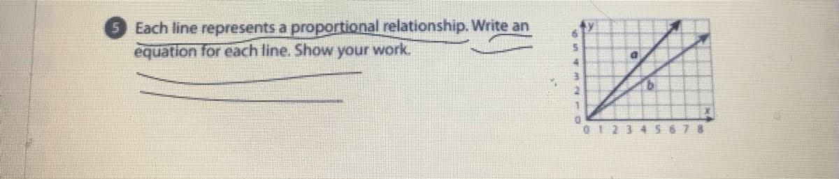 5Each line represents a proportional relationship. Write an
equation for each line. Show your work.
0123 4567 8
