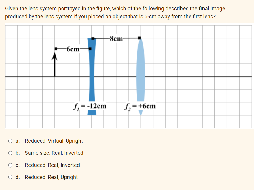 Given the lens system portrayed in the figure, which of the following describes the final image
produced by the lens system if you placed an object that is 6-cm away from the first lens?
-8cm-
-6cm-
f, = -12cm
f,=+6cm
O a. Reduced, Virtual, Upright
O b. Same size, Real, Inverted
O c. Reduced, Real, Inverted
O d. Reduced, Real, Upright
