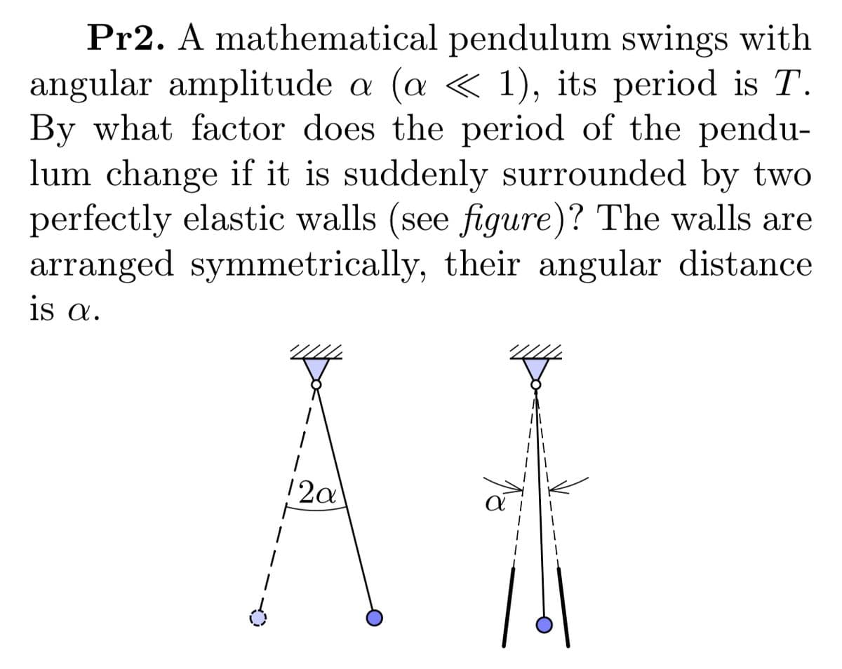 Pr2. A mathematical pendulum swings with
angular amplitude a (a « 1), its period is T.
By what factor does the period of the pendu-
lum change if it is suddenly surrounded by two
perfectly elastic walls (see figure)? The walls are
arranged symmetrically, their angular distance
is a.
12a
