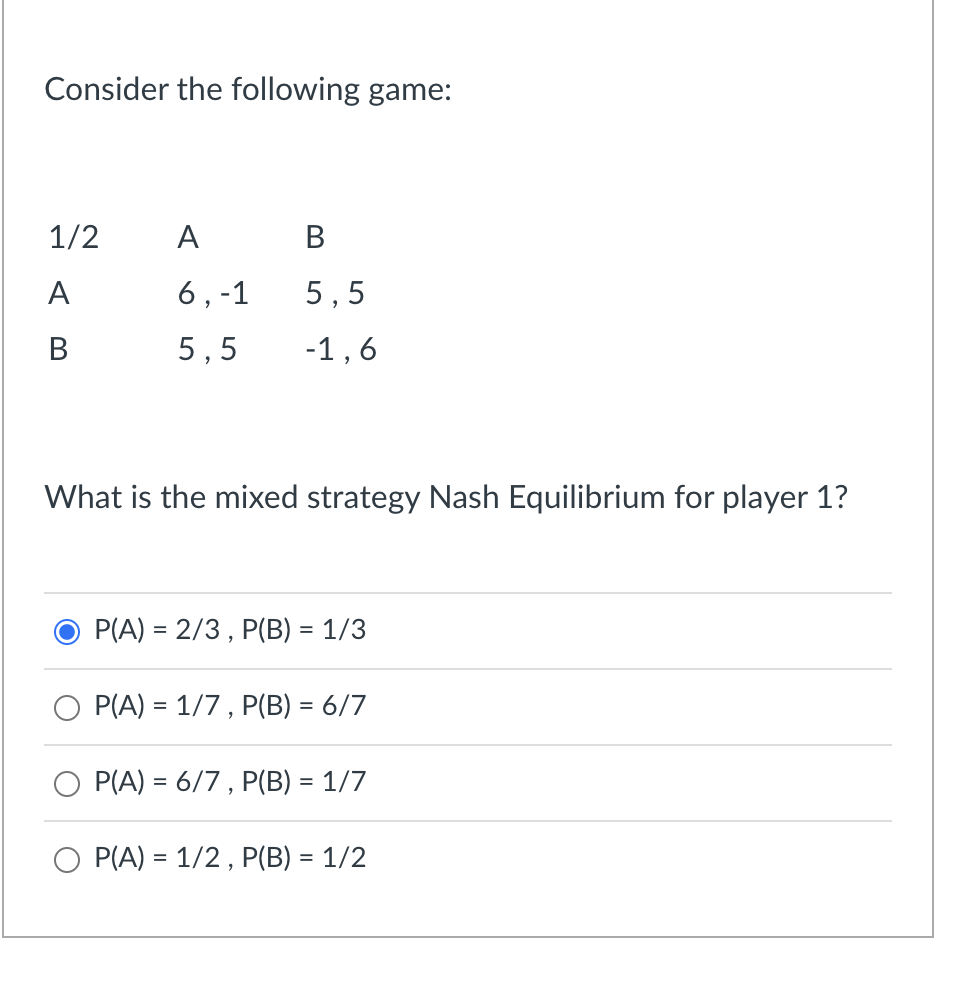 Consider the following game:
1/2
A
B
A B
6,-1
5,5
5,5
-1,6
What is the mixed strategy Nash Equilibrium for player 1?
P(A) = 2/3, P(B) = 1/3
P(A) = 1/7, P(B) = 6/7
P(A) = 6/7, P(B) = 1/7
P(A) = 1/2, P(B) = 1/2