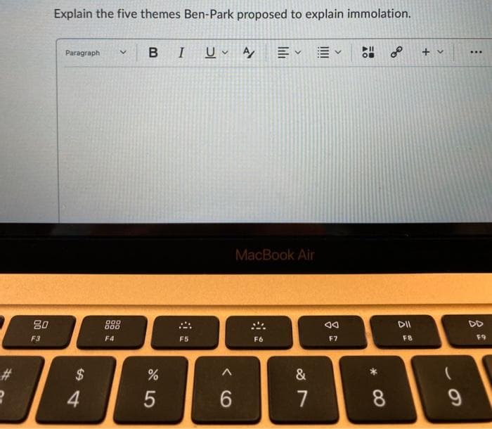 Explain the five themes Ben-Park proposed to explain immolation.
Paragraph
B
I
+ v
...
MacBook Air
80
000
000
DII
DD
F3
F4
F5
F6
F7
FB
F9
%23
$
&
4
6.
* CO
5
