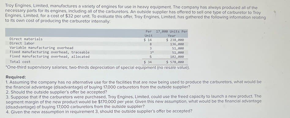 Troy Engines, Limited, manufactures a variety of engines for use in heavy equipment. The company has always produced all of the
necessary parts for its engines, including all of the carburetors. An outside supplier has offered to sell one type of carburetor to Troy
Engines, Limited, for a cost of $32 per unit. To evaluate this offer, Troy Engines, Limited, has gathered the following information relating
to its own cost of producing the carburetor internally:
Direct materials
Direct labor
Variable manufacturing overhead
Fixed manufacturing overhead, traceable.
Fixed manufacturing overhead, allocated
Total cost
Per
17,000 Units Per
Unit
Year
$ 14
$ 238,000
8
136,000
3
51,000
3*
Б
$ 34
51,000
102,000
$ 578,000
*One-third supervisory salaries; two-thirds depreciation of special equipment (no resale value).
Required:
1. Assuming the company has no alternative use for the facilities that are now being used to produce the carburetors, what would be
the financial advantage (disadvantage) of buying 17,000 carburetors from the outside supplier?
2. Should the outside supplier's offer be accepted?
3. Suppose that if the carburetors were purchased, Troy Engines, Limited, could use the freed capacity to launch a new product. The
segment margin of the new product would be $170,000 per year. Given this new assumption, what would be the financial advantage
(disadvantage) of buying 17,000 carburetors from the outside supplier?
4. Given the new assumption in requirement 3, should the outside supplier's offer be accepted?