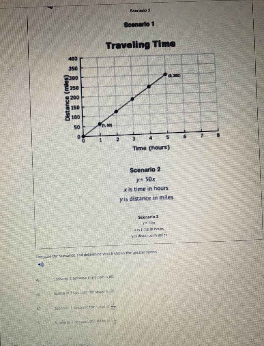 Soenario 1
Scenarlo 1
Traveling Time
400
350
300
5,300)
250
200
150
100
50
1, 60)
4.
Time (hours)
Scenario 2
y 50x
x is time in hours
y is distance in miles
Scenario 2
X is time in hours
yis distance in miles
Compare the scenarios and determine wh ch shows the greater spee
Stenario Ibecause the slope is t.
Scerarie 2 because the slope is S0.
Scerarie Decause the slooE S
Srenarin because the sldpe
Distance (miles)
