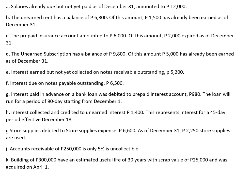 a. Salaries already due but not yet paid as of December 31, amounted to P 12,000.
b. The unearned rent has a balance of P 6,800. Of this amount, P 1,500 has already been earned as of
December 31.
c. The prepaid insurance account amounted to P 6,000. Of this amount, P 2,000 expired as of December
31.
d. The Unearned Subscription has a balance of P 9,800. Of this amount P 5,000 has already been earned
as of December 31.
e. Interest earned but not yet collected on notes receivable outstanding, p 5,200.
f. Interest due on notes payable outstanding, P 6,500.
g. Interest paid in advance on a bank loan was debited to prepaid interest account, P980. The loan will
run for a period of 90-day starting from December 1.
h. Interest collected and credited to unearned interest P 1,400. This represents interest for a 45-day
period effective December 18.
į. Store supplies debited to Store supplies expense, P 6,600. As of December 31, P 2,250 store supplies
are used.
j. Accounts receivable of P250,000 is only 5% is uncollectible.
k. Building of P300,000 have an estimated useful life of 30 years with scrap value of P25,000 and was
acquired on April 1.
