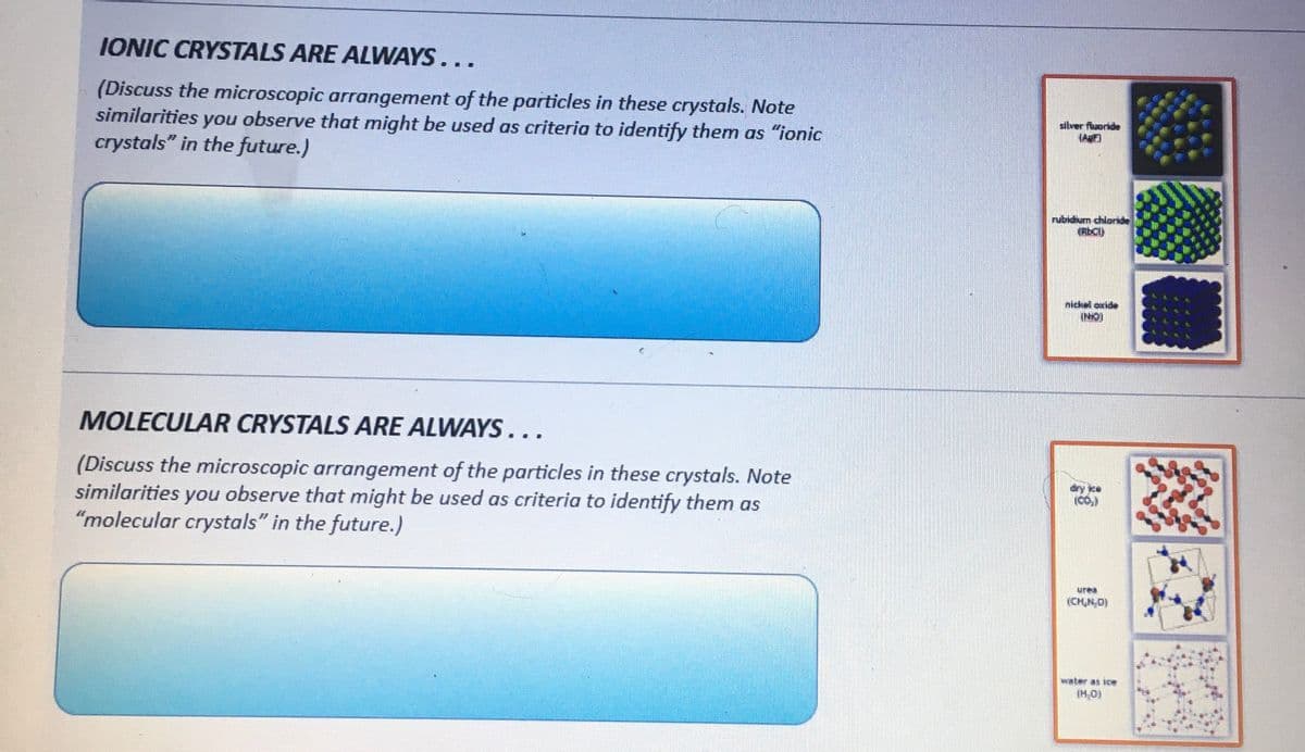 IONIC CRYSTALS ARE ALWAYS...
(Discuss the microscopic arrangement of the particles in these crystals. Note
similarities you observe that might be used as criteria to identify them as "ionic
crystals" in the future.)
MOLECULAR CRYSTALS ARE ALWAYS...
(Discuss the microscopic arrangement of the particles in these crystals. Note
similarities you observe that might be used as criteria to identify them as
"molecular crystals" in the future.)
silver fluoride
rubidium chloride
(RBC)
nickel oxide
18
unea
(CH,N,D)
water as ice