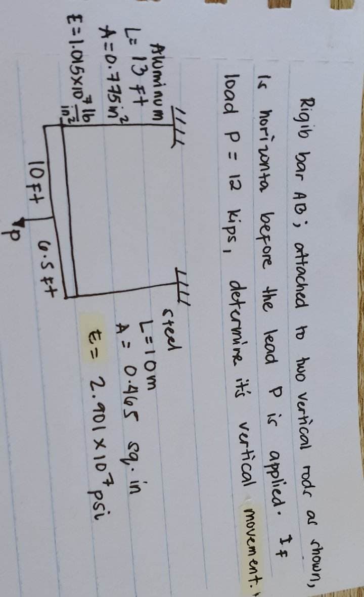 1
Rigib bar AB; attached to two vertical rods as shown,
Is horizonta before the lead P is applied. If
is
load P = 12 kips, determine it's vertical movement."
Aluminum
L= 13 Ft
A=0.775 in
E=1.015×10 lb
in²
10 Ft
6.5 +
p
steel
L=10m
A = 0.465 sq. in
€ = 2.901 x 107 psi