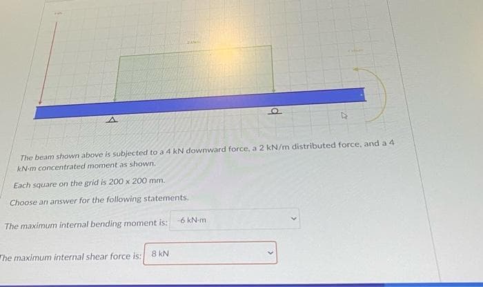 ww
A
The beam shown above is subjected to a 4 kN downward force, a 2 kN/m distributed force, and a 4
kN-m concentrated moment as shown.
Each square on the grid is 200 x 200 mm.
Choose an answer for the following statements.
The maximum internal bending moment is:
The maximum internal shear force is: 8 kN
O
-6 kN-m