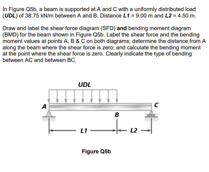 In Figure Q5b, a beam is supported at A and C with a uniformly distributed load
(UDL) of 38.75 kN/m between A and B. Distance L1 = 9.00 m and L2 = 4.50 m.
Draw and label the shear force diagram (SFD) and bending moment diagram
(BMD) for the beam shown in Figure Q5b. Label the shear force and the bending
moment values at points A, B & C on both diagrams; determine the distance from A
along the beam where the shear force is zero; and calculate the bending moment
at the point where the shear force is zero. Clearly indicate the type of bending
between AC and between BC.
A
UDL
L1
Figure Q5b
B
L2
C