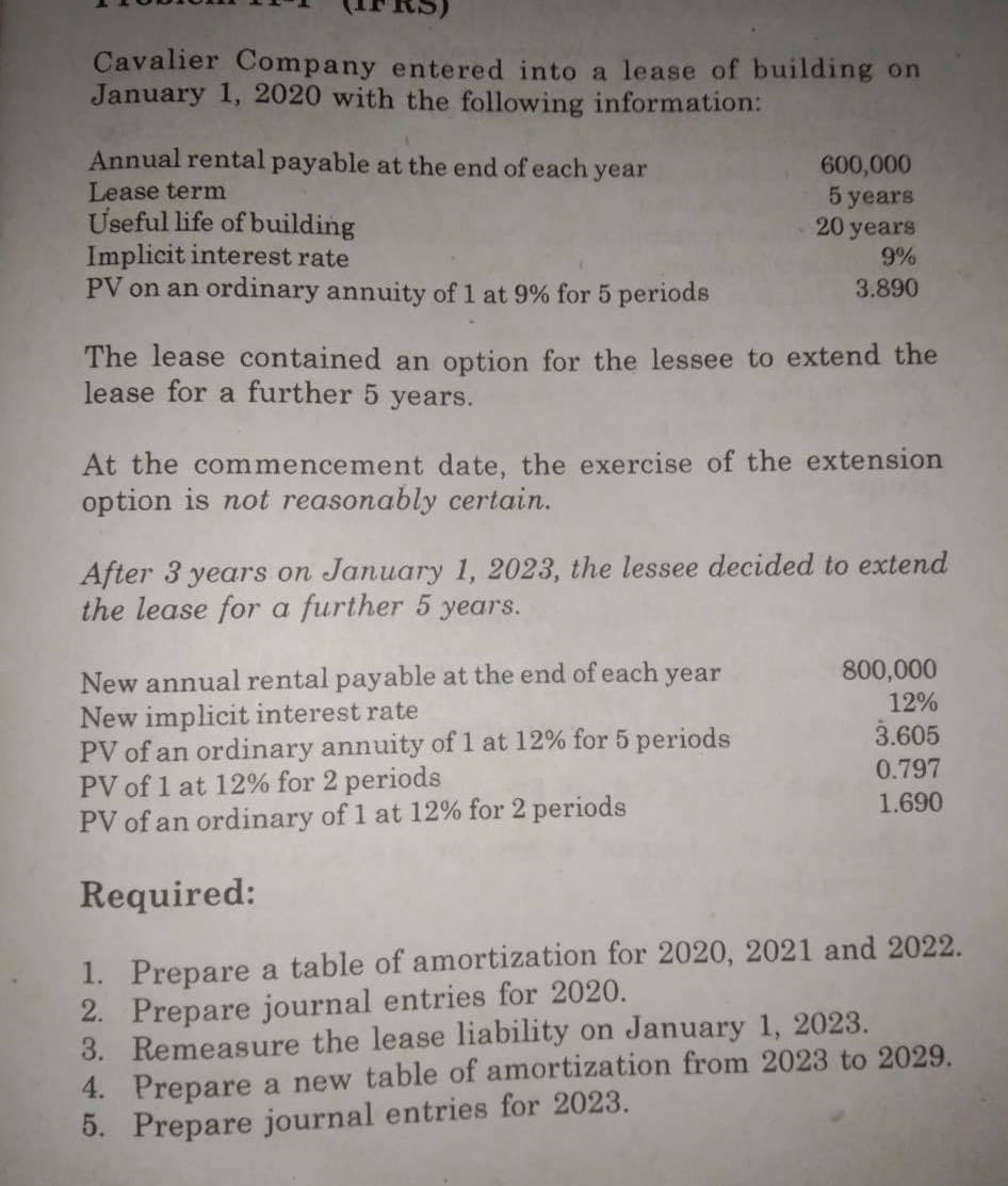 Cavalier Company entered into a lease of building on
January 1, 2020 with the following information:
Annual rental payable at the end of each year
Lease term
Useful life of building
Implicit interest rate
PV on an ordinary annuity of 1 at 9% for 5 periods
600,000
5 years
20 years
9%
3.890
The lease contained an option for the lessee to extend the
lease for a further 5 years.
At the commencement date, the exercise of the extension
option is not reasonably certain.
After 3 years on January 1, 2023, the lessee decided to extend
the lease for a further 5 years.
New annual rental payable at the end of each year
New implicit interest rate
PV of an ordinary annuity of 1 at 12% for 5 periods
PV of 1 at 12% for 2 periods
PV of an ordinary of 1 at 12% for 2 periods
800,000
12%
3.605
0.797
1.690
Required:
1. Prepare a table of amortization for 2020, 2021 and 2022.
2. Prepare journal entries for 2020.
3. Remeasure the lease liability on January 1, 2023.
4. Prepare a new table of amortization from 2023 to 2029.
5. Prepare journal entries for 2023.
