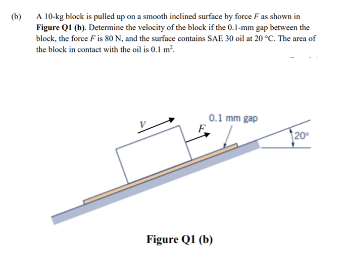 (b)
A 10-kg block is pulled up on a smooth inclined surface by force F as shown in
Figure Q1 (b). Determine the velocity of the block if the 0.1-mm gap between the
block, the force F is 80 N, and the surface contains SAE 30 oil at 20 °C. The area of
the block in contact with the oil is 0.1 m².
0.1 mm gap
20°
Figure Q1 (b)
