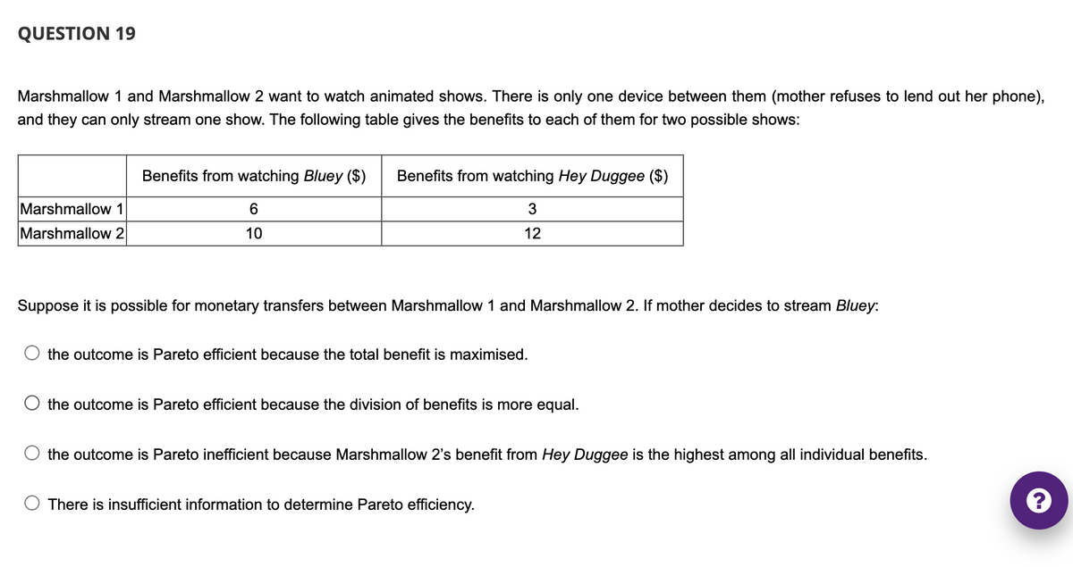 QUESTION 19
Marshmallow 1 and Marshmallow 2 want to watch animated shows. There is only one device between them (mother refuses to lend out her phone),
and they can only stream one show. The following table gives the benefits to each of them for two possible shows:
Marshmallow 1
Marshmallow 2
Benefits from watching Bluey ($)
6
10
Benefits from watching Hey Duggee ($)
3
12
Suppose it is possible for monetary transfers between Marshmallow 1 and Marshmallow 2. If mother decides to stream Bluey:
the outcome is Pareto efficient because the total benefit is maximised.
the outcome is Pareto efficient because the division of benefits is more equal.
the outcome is Pareto inefficient because Marshmallow 2's benefit from Hey Duggee is the highest among all individual benefits.
There is insufficient information to determine Pareto efficiency.