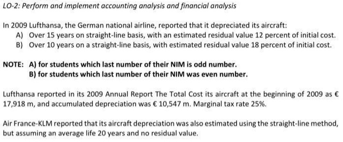 LO-2: Perform and implement accounting analysis and financial analysis
In 2009 Lufthansa, the German national airline, reported that it depreciated its aircraft:
A) Over 15 years on straight-line basis, with an estimated residual value 12 percent of initial cost.
B) Over 10 years on a straight-line basis, with estimated residual value 18 percent of initial cost.
NOTE: A) for students which last number of their NIM is odd number.
B) for students which last number of their NIM was even number.
Lufthansa reported in its 2009 Annual Report The Total Cost its aircraft at the beginning of 2009 as €
17,918 m, and accumulated depreciation was € 10,547 m. Marginal tax rate 25%.
Air France-KLM reported that its aircraft depreciation was also estimated using the straight-line method,
but assuming an average life 20 years and no residual value.
