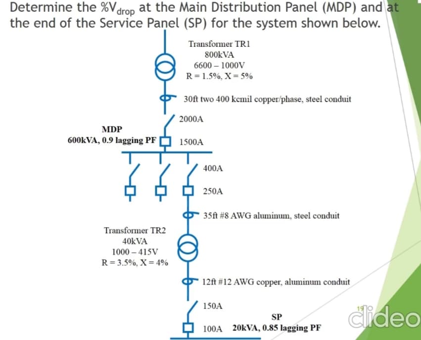 Determine the %Vdrop at the Main Distribution Panel (MDP) and at
the end of the Service Panel (SP) for the system shown below.
Transformer TRı
800KVA
6600 – 1000V
R = 1.5%, X= 5%
30ft two 400 kcmil copper/phase, steel conduit
2000A
MDP
600KVA, 0.9 lagging PF
1500A
400A
250A
35ft #8 AWG aluminum, steel conduit
Transformer TR2
40KVA
1000 – 415V
R = 3.5%, X= 4%
12ft #12 AWG copper, aluminum conduit
150A
dideo
SP
100A 20KVA, 0.85 lagging PF
