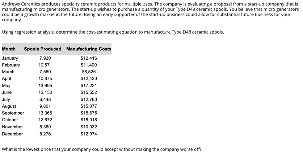 Andrews Ceramics produces specialty ceramic products for multiple uses. The company is evaluating a proposal from a start-up company that is
manufacturing micro generators. The start-up wishes to purchase a quantity of your Type D48 ceramic spools. You believe that micro generators
could be a growth market in the future. Being an early supporter of the start-up business could allow for substantial future business for your
company.
Using regression analysis, determine the cost-estimating equation to manufacture Type D48 ceramic spools.
Month Spools Produced Manufacturing Costs
January
7,920
$12,416
February
10,571
$11,400
March
7,560
$8,526
April
10,875
$12,420
May
13,695
$17,221
June
12,150
$15,552
July
6,448
$12,760
August
9,801
$15,077
September
13,365
$15,675
October
12,672
$18,018
November
5,360
$10,032
December
8,276
$12,974
What is the lowest price that your company could accept without making the company worse off?