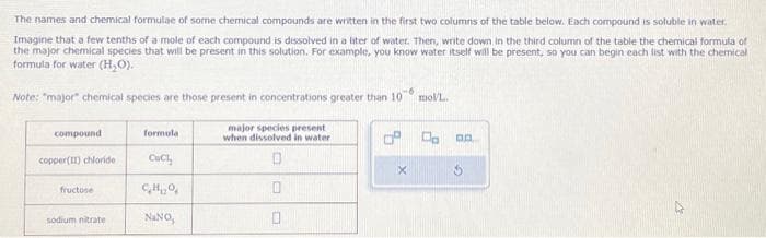 The names and chemical formulae of some chemical compounds are written in the first two columns of the table below. Each compound is soluble in water.
Imagine that a few tenths of a mole of each compound is dissolved in a liter of water. Then, write down in the third column of the table the chemical formula of
the major chemical species that will be present in this solution. For example, you know water itself will be present, so you can begin each list with the chemical
formula for water (H₂O).
Note: "major" chemical species are those present in concentrations greater than 10 mol/L.
-6
compound
copper(II) chloride
fructose
sodium nitrate
formula
CuCh
C₂H₂O
NaNO,
major species present
when dissolved in water
0°
X
Op Da