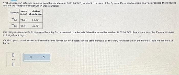 A robot spacecraft returned samples from the planetesimal 98765 ALEKS, located in the outer Solar System. Mass-spectroscopic analysis produced the following
data on the isotopes of ruthenium in these samples:
mass relative
isotope (amu) abundance.
96 Ru 95.91 51.%
99 Ru 98.91
49.%
Use these measurements to complete the entry for ruthenium in the Periodic Table that would be used on 98765 ALEKS. Round your entry for the atomic mass
to 2 significant digits.
Caution: your correct answer will have the same format but not necessarily the same numbers as the entry for ruthenium in the Periodic Table we use here on
Earth.
0
Ru
0