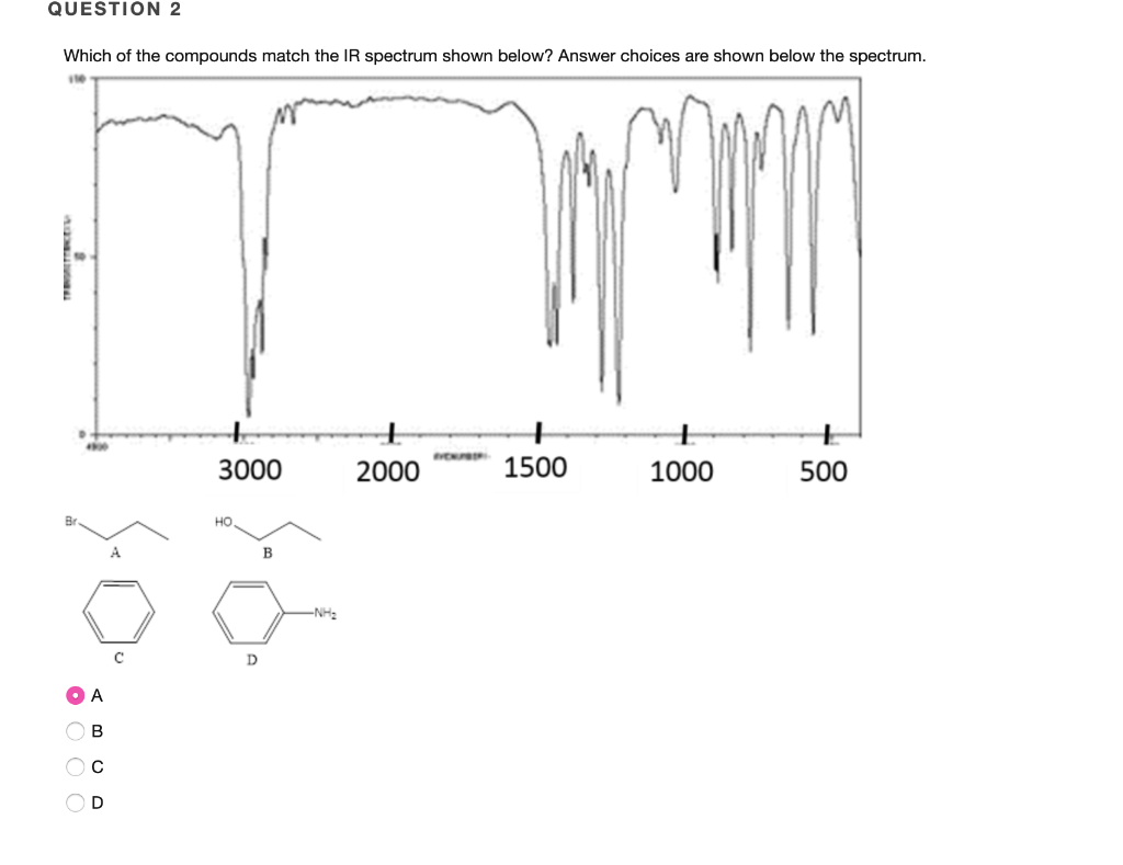 QUESTION 2
Which of the compounds match the IR spectrum shown below? Answer choices are shown below the spectrum.
110
3000
2000
1500
1000
500
но
A
B
-NH
D
B
O O O O
