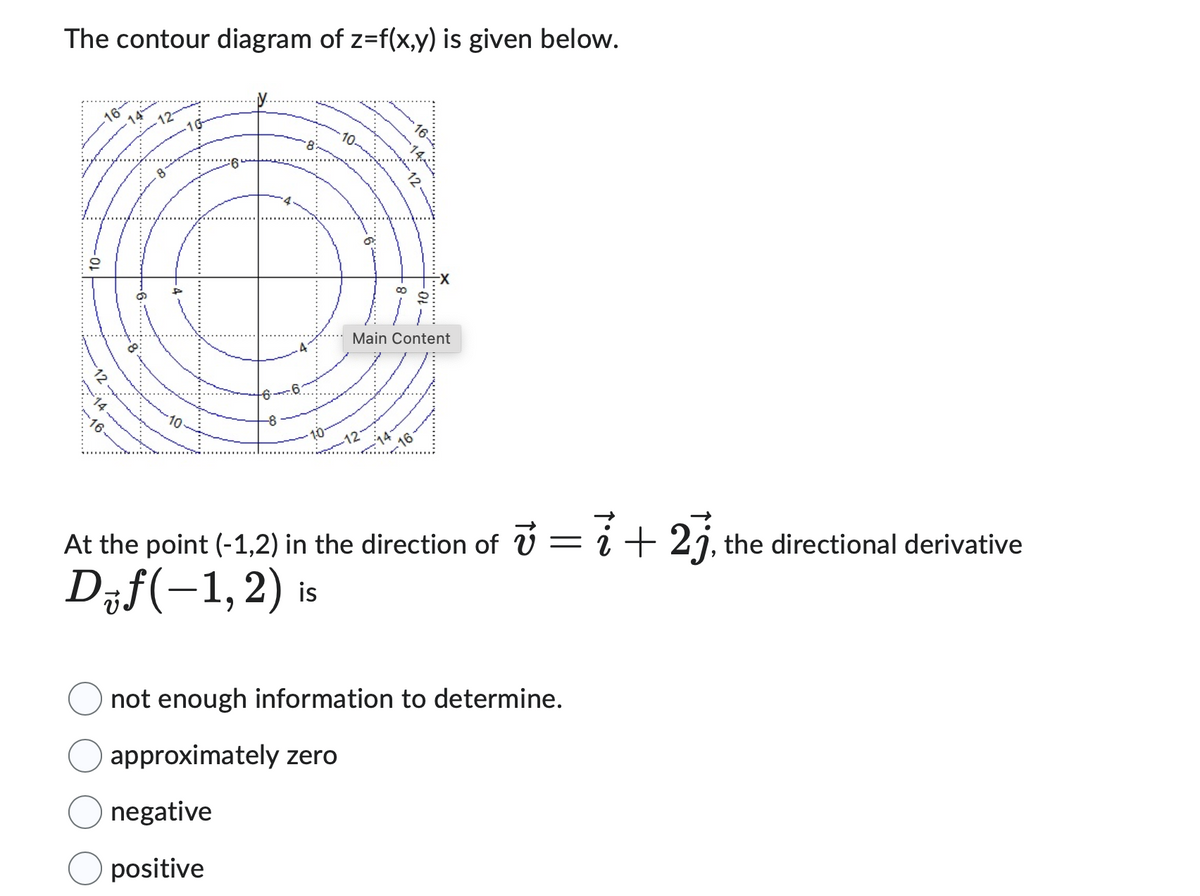 The contour diagram of z=f(x,y) is given below.
10-
9ཡངས ་ གྲྭ ་ ་ ་ ་
.8
12
•14
-16-
-4
3-
-16-
12
10-
Main Content
12 14 16
At the point (-1,2) in the direction of v = 1 + 2j, the directional derivative
D₁f(-1,2) is
not enough information to determine.
approximately zero
negative
positive