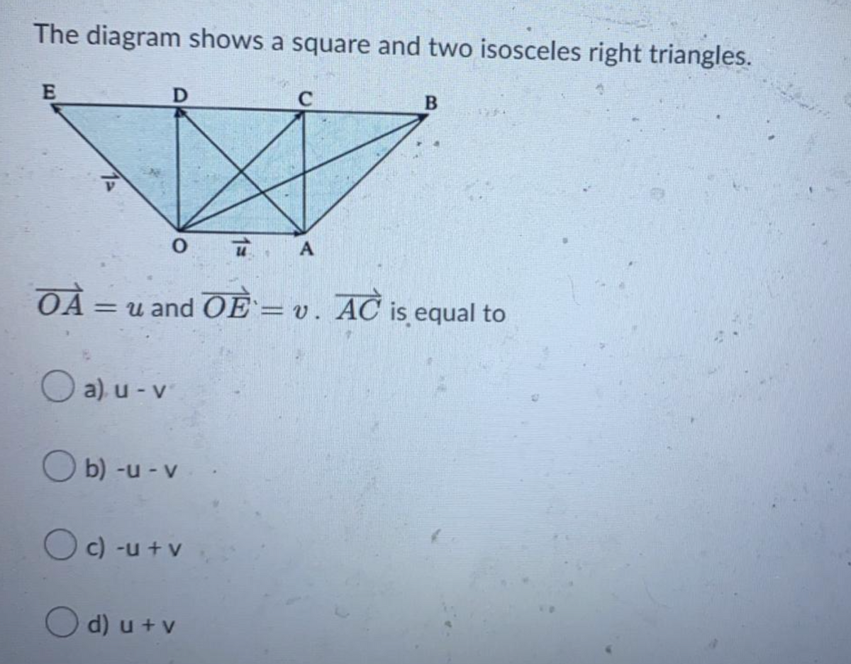 The diagram shows a square and two isosceles right triangles.
D
C
A
OÀ =
u and OE'=v. AC is equal to
O a) u - v
O b) -u - v
c) -u + v
d) u + v
1
