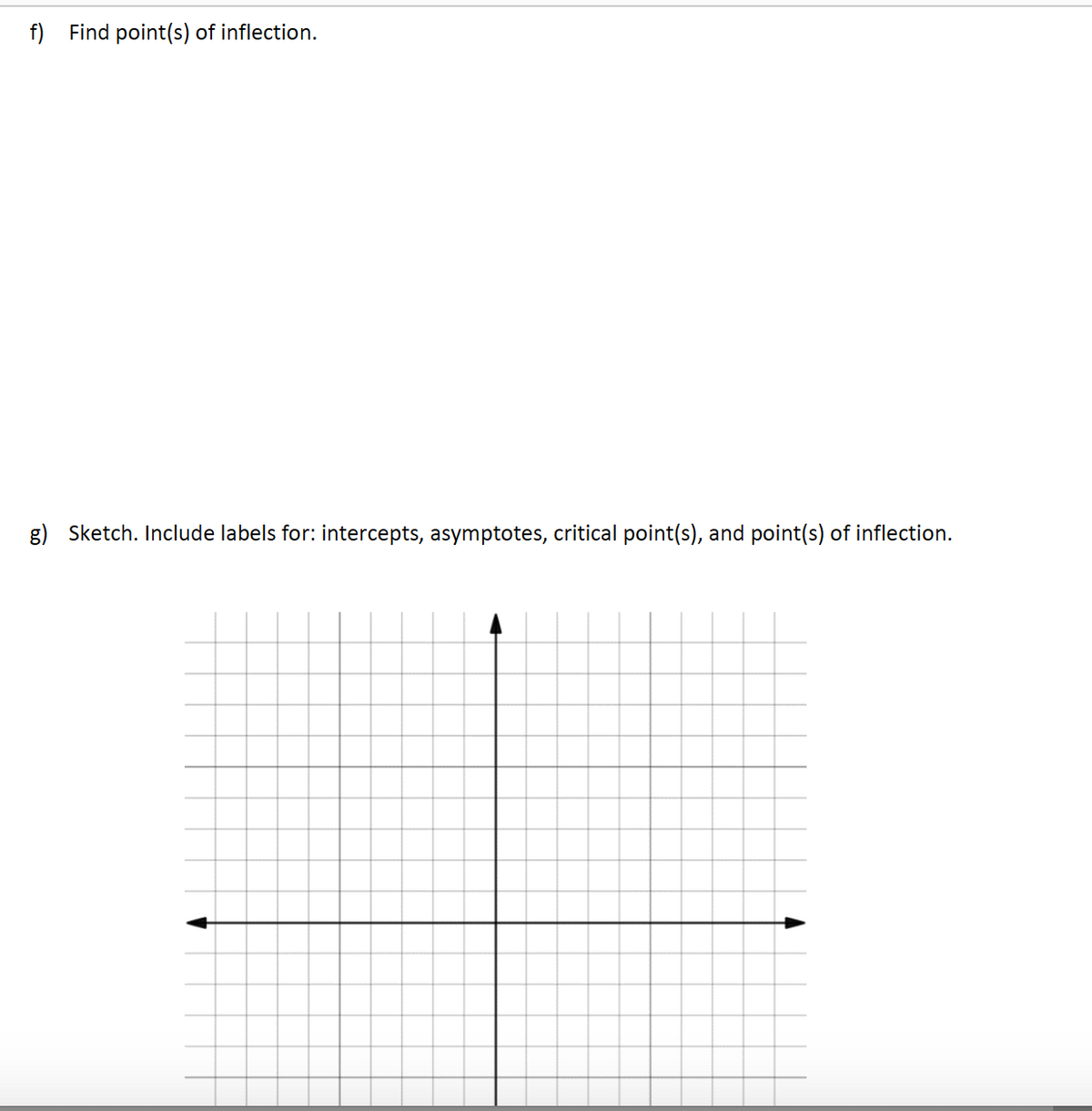 f) Find point(s) of inflection.
g) Sketch. Include labels for: intercepts, asymptotes, critical point(s), and point(s) of inflection.