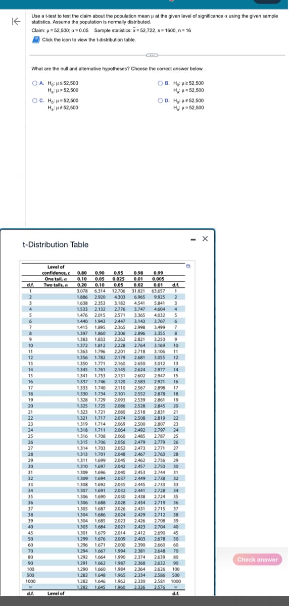 K
Use a t-test to test the claim about the population mean μ at the given level of significance a using the given sample
statistics. Assume the population is normally distributed.
Claim: μ = 52,500; x = 0.05 Sample statistics: x=52,722, s= 1600, n = 16
Click the icon to view the t-distribution table.
What are the null and alternative hypotheses? Choose the correct answer below.
OB. H: 252,500
OA. Ho: 552,500
H:H52,500
H₂H52,500
OC. Ho: 52,500
H₂: #52,500
t-Distribution Table
d.f.
1
2
3
4
5
6
7
8
9
10
11
12
13
14
15
16
17
18
19
20
21
22
23
24
25
26
27
28
29
30
31
32
33
34
35
36
37
38
39
40
45
50
60
70
80
90
100
500
1000
00
d.f.
OD. Ho: #52,500
H₂=52,500
Level of
0.99
Two tails, a
confidence, c 0.80 0.90 0.95 0.98
One tail, a 0.10 0.05 0.025 0.01 0.005
0.20 0.10 0.05 0.02 0.01 d.f.
3.078 6.314 12.706 31.821 63.657 1
1.886 2.920 4.303 6.965
9.925 2
1.638 2.353 3.182 4.541 5.841 3
3.747 4.604 4
3.365 4.032 5
1.533 2.132 2.776
1.476 2.015 2.571
1.440 1.943 2.447 3.143 3.707 6
1.415 1.895 2.365 2.998 3.499 7
1.397 1.860
1.383 1.833
2.306 2.896 3.355 8
2.262 2.821 3.250
9
2.228 2.764 3.169 10
1.372 1.812
1.363 1.796
2.718 3.106 11
2.681 3.055 12
16
16
2.201
1.356 1.782 2.179
1.350 1.771 2.160 2.650 3.012 13
1.345 1.761 2.145 2.624 2.977 14
1.341 1.753 2.131 2.602
2.947
15
1.337 1.746 2.120 2.583 2.921
1.333 1.740 2.110 2.567 2.898 17
1.330 1.734 2.101 2.552 2.878 18
1.328 1.729 2.093 2.539 2.861 19
1.325 1.725 2.086 2.528 2.845 20
1.323 1.721 2.080 2.518 2.831 21
1.321 1.717 2.074 2.508 2.819 22
1.319 1,714 2.069 2.500 2.807 23
2.064 2.492 2.797 24
2.060 2.485 2.787 25
1.706 2.056 2.479 2.779 26
1.314 1.703 2.052 2.473 2.771 27
1.318 1,711
1.316 1.708
1.315
1.313 1.701
2.048 2.467 2.763 28
1.311 1.699 2.045 2.462 2.756 29
1.310 1.697
2.042
2.457 2.750 30
1.309 1.696 2,040 2.453 2.744 31
1.309 1.694 2.037 2.449 2.738 32
2.035 2.445 2.733 33
2.032 2,441 2.728 34
2.030 2.438 2.724 35
1.308 1.692
1.307 1.691
1.306 1.690
1.306 1.688 2.028
2.434 2.719 36
1.305 1.687 2.026
2.431 2.715 37
1.304 1.686
2.024 2.429 2.712 38
1.304 1.685 2.023 2.426 2.708 39
1.303 1.684 2.021 2.423 2.704 40
1.301 1.679 2014 2.412 2.690 45
1.299 1.676 2.009 2.403 2.678 50
1.296 1.671 2.000
2.390 2.660 60
1.294 1.667 1.994 2.381 2.648 70
1.292 1.664 1.990 2.374 2.639 80
1.291 1.662 1.987 2.368 2.632 90
1.290 1.660
1.984 2.364 2.626 100
1.283 1.648
1.965 2.334 2.586 500
1.282 1.646 1.962 2.330 2.581 1000
1.282 1.645 1.960 2.326 2.576 DO
d.f.
Level of
D
- X
Check answer