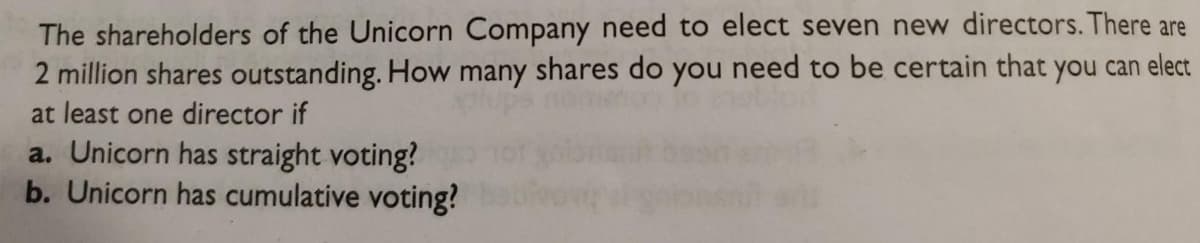 The shareholders of the Unicorn Company need to elect seven new directors. There are
2 million shares outstanding. How many shares do you need to be certain that you can elect
at least one director if
a. Unicorn has straight voting?
b. Unicorn has cumulative voting?
