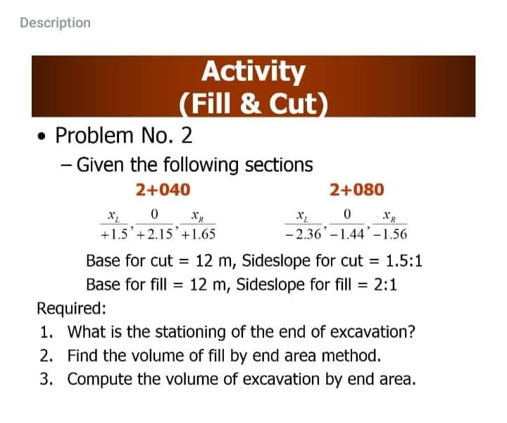 Description
Activity
(Fill & Cut)
• Problem No. 2
- Given the following sections
2+040
2+080
Xg
+1.5'+2.15'+1.65
- 2.36' -1.44'-1.56
Base for cut = 12 m, Sideslope for cut = 1.5:1
Base for fill = 12 m, Sideslope for fill = 2:1
Required:
1. What is the stationing of the end of excavation?
2. Find the volume of fill by end area method.
3. Compute the volume of excavation by end area.
