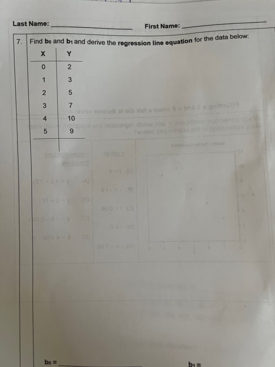 Last Name:
First Name:
Y
1
2
5(0ono mwortt ai eib viet s norw as bnsEn gaitte)
10
3
7
pormluonolleupa enl noizeenpen dairlw bna 1.Ineoeoo noilelanoo dain
Swoled Jolg 1ettsoa ert or brnogeonoo via
4
6.
anou yo fol
enoneup
(A)
et-= )
(8)
ae 0 =1 ()
be o-ei=Y
0-1 (M)
(D)
88 0-1()
bo =
b1 =
LO
