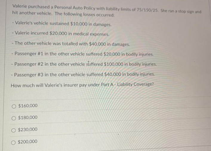 Valerie purchased a Personal Auto Policy with liability limits of 75/150/25. She ran a stop sign and
hit another vehicle. The following losses occurred:
- Valerie's vehicle sustained $10,000 in damages.
- Valerie incurred $20,000 in medical expenses.
The other vehicle was totalled with $40,000 in damages.
Passenger #1 in the other vehicle suffered $20,000 in bodily injuries.
Passenger #2 in the other vehicle sliffered $100,000 in bodily injuries.
- Passenger #3 in the other vehicle suffered $40,000 in bodily injuries.
How much will Valerie's insurer pay under Part A-Liability Coverage?
O $160,000
O $180,000
O $230,000
O $200,000