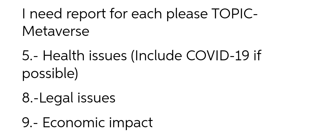 I need report for each please TOPIC-
Metaverse
5.- Health issues (Include COVID-19 if
possible)
8.-Legal issues
9.- Economic impact