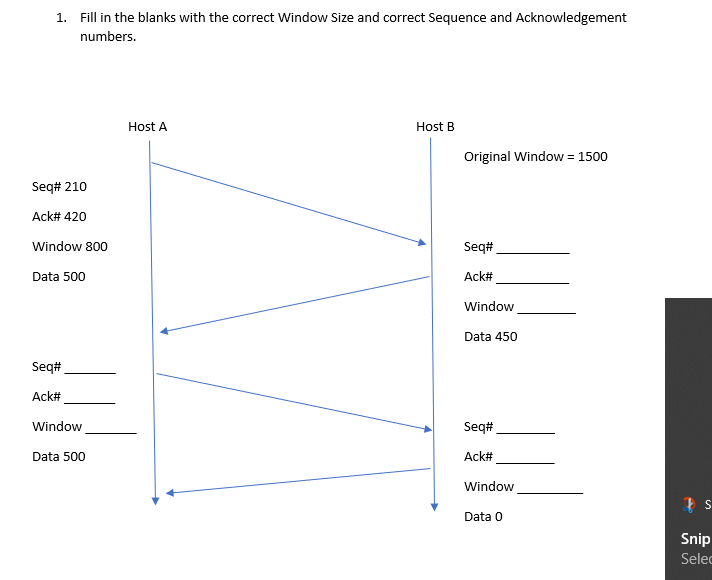 1. Fill in the blanks with the correct Window Size and correct Sequence and Acknowledgement
numbers.
Seq# 210
Ack# 420
Window 800
Data 500
Seq#
Ack#
Window
Data 500
Host A
Host B
Original Window = 1500
Seq#
Ack#
Window
Data 450
Seq#
Ack#
Window
Data 0
S
Snip
Selec