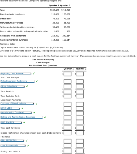 Relevant data from the Poster Company's operating budgets are:
Sales
Direct material purchases
Direct labor
Manufacturing overhead
Selling and administrative expenses
Depreciation included in selling and administrative
Collections from customers
Quarter 1 Quarter 2
Beginning Cash Balance
Add: Cash Receipts
Collections from Customers
$208,480 $211,540
115,300 120,832
75,205 73,298
25,300
23,400
33,400
33,500
1,500
900
Cash payments for purchases
Additional data:
Capital assets were sold in January for $10,000 and $4,400 in May.
Dividends of $4,000 were paid in February. The beginning cash balance was $60,360 and a required minimum cash balance is $39,000.
215,392 240,154
114,290
119,254
Use this information to prepare a cash budget for the first two quarters of the year: If an amount box does not require an entry, leave it blank.
Other Collections
Total Receipts
Total Available Cash
Less: Cash Payments
Purchase of Direct Material
Direct Labor
Manufacturing Overhead
Selling and Administrative Expenses
Cash Dividend
The Poster Company
Cash Budget
For the First Two Quarters
10日
日月10
fit 1000 10000 8
Total Cash Payments
Excess (Deficiency) of Avaliable Cash Over Cash Disbursements
Financing
Add: Borrowings
Less: Repayments
Ending cash balance
Quarter 1 Quarter 2