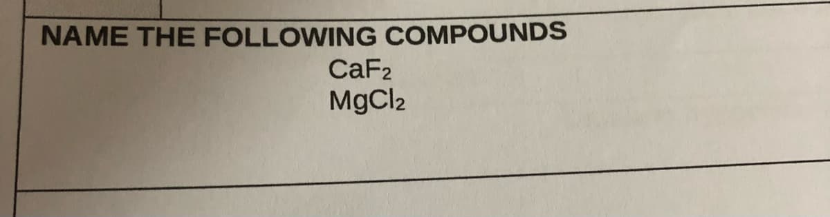 NAME THE FOLLOWING COMPOUNDS
CaF2
MgCl2