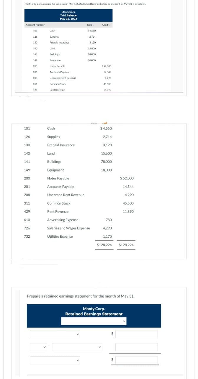 The Monty Corp.opened for business on May 1, 2022. Its trial balance before adjustment on May 31 is as follows.
Account Number
101
126
130
140
141
149
200
201
208
311
429
610
726
732
101
126
130
140
141
149
200
201
208
311
429
Monty Corp.
Trial Balance
May 31, 2022
Cash
Supplies
Prepaid Insurance
Land
Buildings
Equipment
Notes Payable
Accounts Payable
Unearned Rent Revenue
Common Stock
Rent Revenue
Cash
Supplies
Prepaid Insurance
Land
Buildings
Equipment
Notes Payable
Accounts Payable
Unearned Rent Revenue
Common Stock
Rent Revenue
Debit
$4,550
2,714
3,120
15,600
78,000
18,000
Advertising Expense
Salaries and Wages Expense
Utilities Expense
Credit
$ 52,000
14,544
4,290
45,500
11.890
$4,550
2,714
3,120
15,600
78,000
18,000
780
4,290
1.170
$ 52,000
14,544
4,290
45,500
11.890
$128,224 $128,224
$
Prepare a retained earnings statement for the month of May 31.
Monty Corp.
Retained Earnings Statement