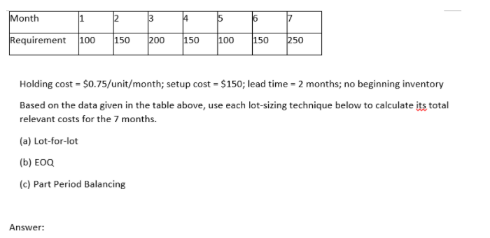 Month
1
2
3
4
5
16
Requirement
100
150
200
150
100
150
250
Holding cost = $0.75/unit/month; setup cost = $150; lead time = 2 months; no beginning inventory
Based on the data given in the table above, use each lot-sizing technique below to calculate its total
relevant costs for the 7 months.
(a) Lot-for-lot
(b) EOQ
(c) Part Period Balancing
Answer:
