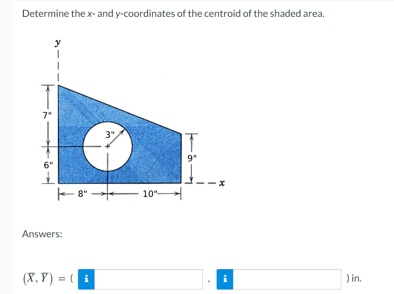 Determine the x- and y-coordinates of the centroid of the shaded area.
y
7"
3"
9"
6"
E 8"
10"-
Answers:
(X, Y) = ( i
) in.
i
