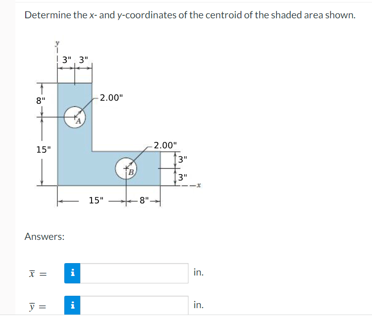 Determine the x- and y-coordinates of the centroid of the shaded area shown.
3", 3"
8"
-2.00"
2.00"
15"
3"
B
3"
15"
8".
Answers:
i
in.
y =
i
in.
