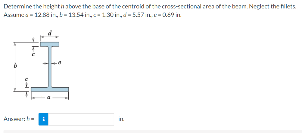 Determine the height h above the base of the centroid of the cross-sectional area of the beam. Neglect the fillets.
Assume a = 12.88 in., b = 13.54 in., c = 1.30 in., d = 5.57 in., e = 0.69 in.
d
-e
b
Answer: h =
in.
