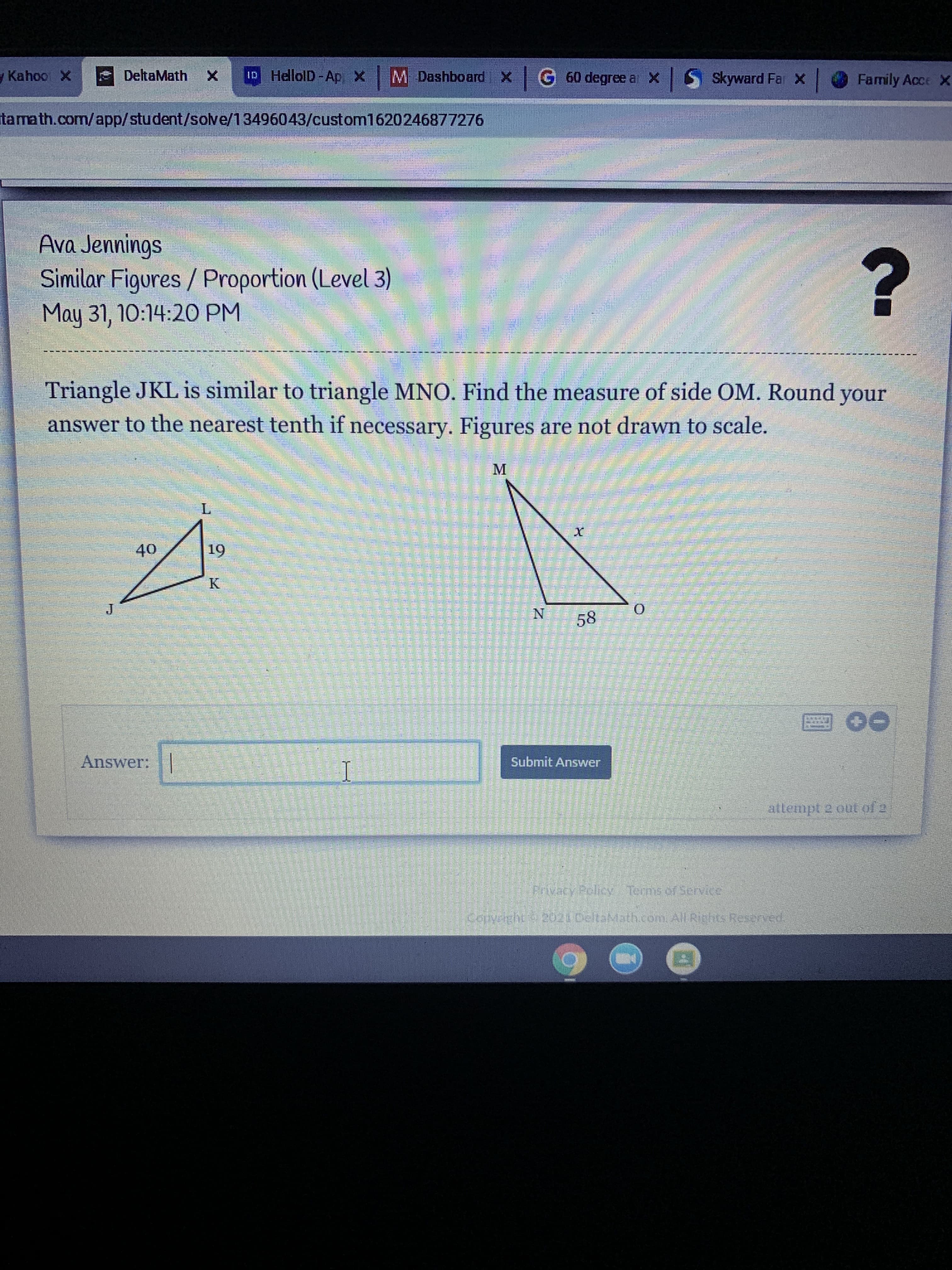 **Similar Figures / Proportion (Level 3)**

**Triangle JKL is similar to triangle MNO. Find the measure of side OM. Round your answer to the nearest tenth if necessary. Figures are not drawn to scale.**

![Triangle JKL and Triangle MNO](image.png)

**Figures Explanation:**

- **Triangle JKL:**
  - Side JL measures **40** units.
  - Side LK measures **19** units.
  - Vertex J is on the left, vertex K is at the bottom right, and vertex L is at the top.

- **Triangle MNO:**
  - Side NO measures **58** units.
  - Side OM is labeled as **x** (unknown value to be calculated).
  - Vertex N is at the bottom left, vertex O is at the bottom right, and vertex M is at the top.

**Solution:**
1. To find the measure of side **OM** (denoted as **x**), we use the property of similar triangles where corresponding sides are proportional.

2. Set up the proportion using corresponding sides of the two triangles:
   \[ \frac{JL}{MN} = \frac{LK}{OM} \]
   \[ \frac{40}{58} = \frac{19}{x} \]

3. Cross multiply to solve for \( x \):
   \[ 40x = 58 \times 19 \]
   \[ 40x = 1102 \]
   \[ x = \frac{1102}{40} \]
   \[ x = 27.55 \] (rounded to the nearest tenth)

Answer box for user input: 
\[ \boxed{27.6} \]