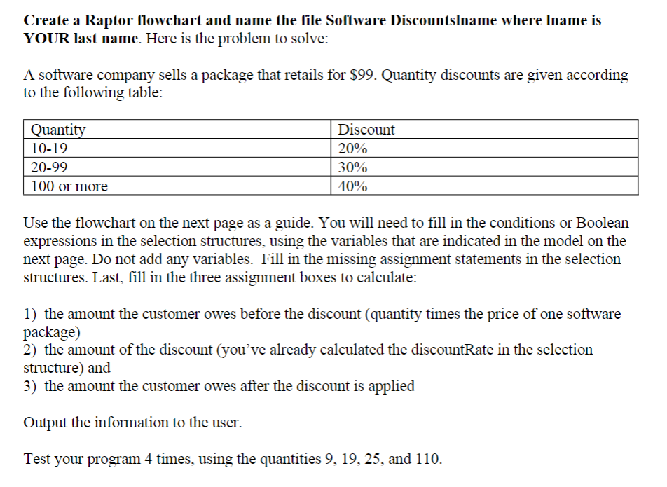 ### Software Discount Calculation using Raptor Flowchart

**Objective**: Create a Raptor flowchart and name the file `Software Discounts\lname` where `lname` is **YOUR** last name.

**Problem Statement**: 
A software company sells a package that retails for $99. Quantity discounts are given according to the following table:

| Quantity      | Discount  |
| ------------- |:---------:|
| 10-19         | 20%       |
| 20-99         | 30%       |
| 100 or more   | 40%       |

**Instructions**:

1. **Flowchart Guidance**: 
    - Use the flowchart on the next page as a guide.
    - Fill in the conditions or Boolean expressions in the selection structures using the variables indicated in the model.
    - Do not add any variables.
    - Fill in the missing assignment statements in the selection structures.
    - Fill in the three assignment boxes to calculate:
        1. The amount the customer owes before the discount (quantity times the price of one software package)
        2. The amount of the discount (already calculated as `discountRate` in the selection structure)
        3. The amount the customer owes after the discount is applied.

2. **Output**:
    - Display the information to the user.

3. **Testing**:
    - Test your program 4 times using the quantities 9, 19, 25, and 110.

**Flowchart Step-by-Step Explanation**:
 
- **Start**: Begin the Raptor flowchart.
- **Input**:
  - Read the quantity of software packages the customer wants to purchase.
  
- **Selection Structure**:
  - **Condition 1**: If quantity is between 10 and 19, set `discountRate` to 20%.
  - **Condition 2**: If quantity is between 20 and 99, set `discountRate` to 30%.
  - **Condition 3**: If quantity is 100 or more, set `discountRate` to 40%.
  - If none of the above conditions are met, `discountRate` remains 0%.

- **Assignments**:
  - Calculate the amount before discount: `amountBeforeDiscount = quantity * $99`
  - Calculate the discount: `discountAmount = amountBeforeDiscount * (discountRate / 100)`
  - Calculate the amount