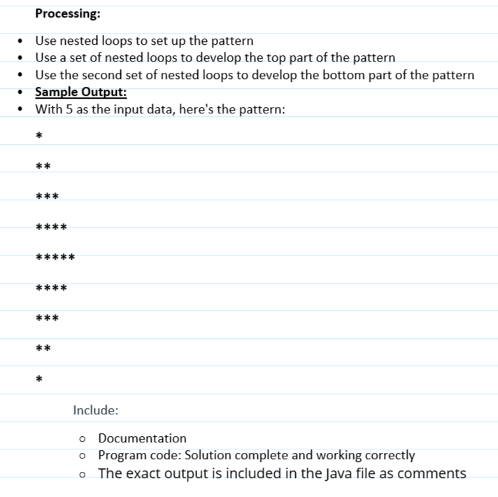 Processing:
• Use nested loops to set up the pattern
•
Use a set of nested loops to develop the top part of the pattern
Use the second set of nested loops to develop the bottom part of the pattern
Sample Output:
• With 5 as the input data, here's the pattern:
**
**
Include:
o Documentation
o Program code: Solution complete and working correctly
o The exact output is included in the Java file as comments