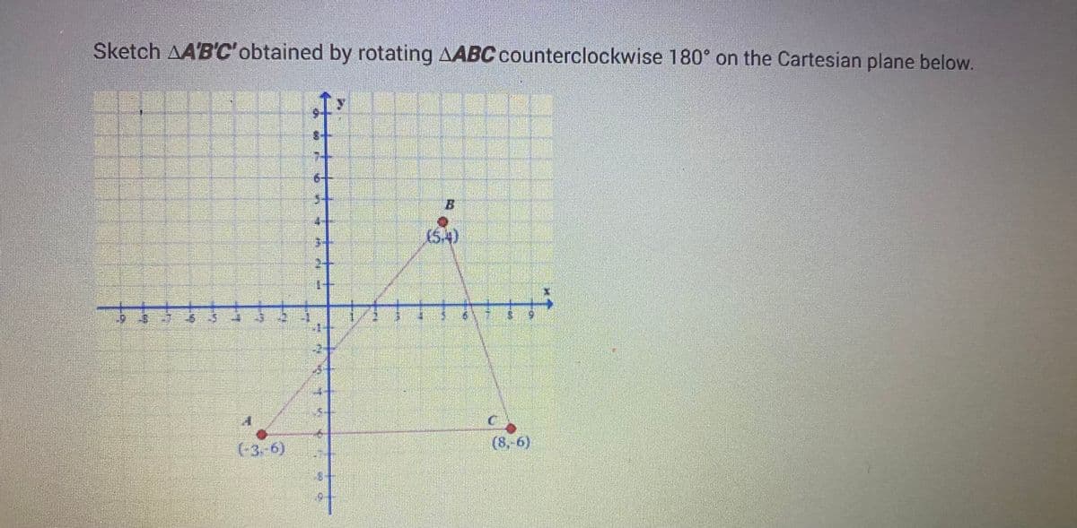 Sketch AA'B'C'obtained by rotating AABC counterclockwise 180° on the Cartesian plane below.
47
5
AMAL
THIRAI
KEIT
1949
UE
ET
(5.4)
(8,-6)