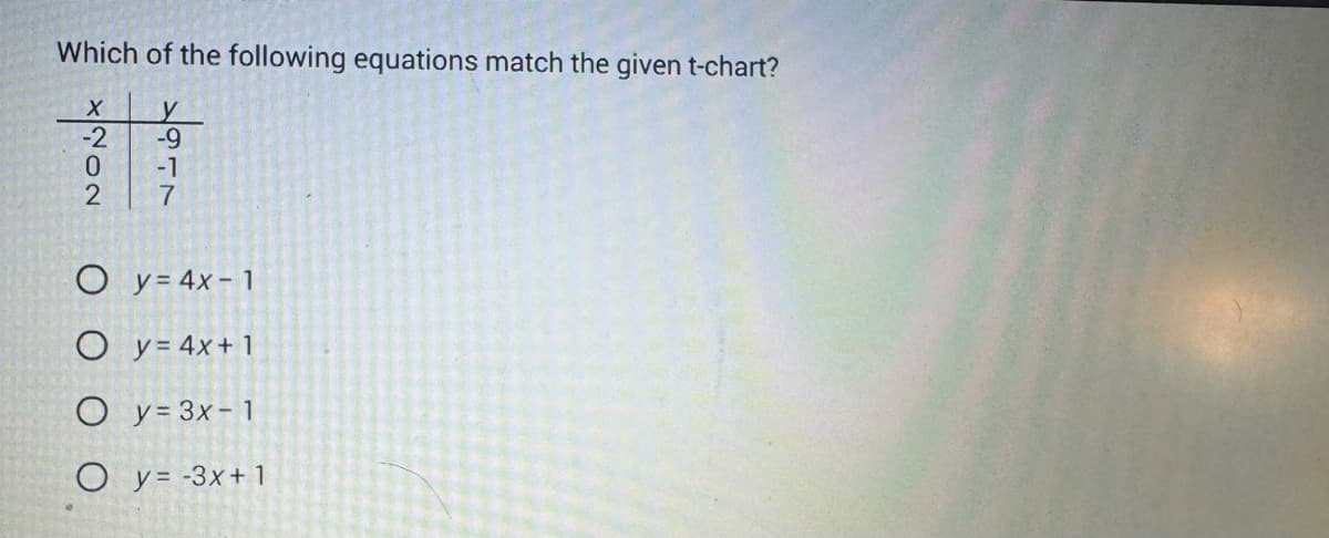 Which of the following equations match the given t-chart?
y
-9
X
-2
0
2
-1
7
O y = 4x-1
Oy= 4x+1
O y = 3x - 1
O y=-3x+1