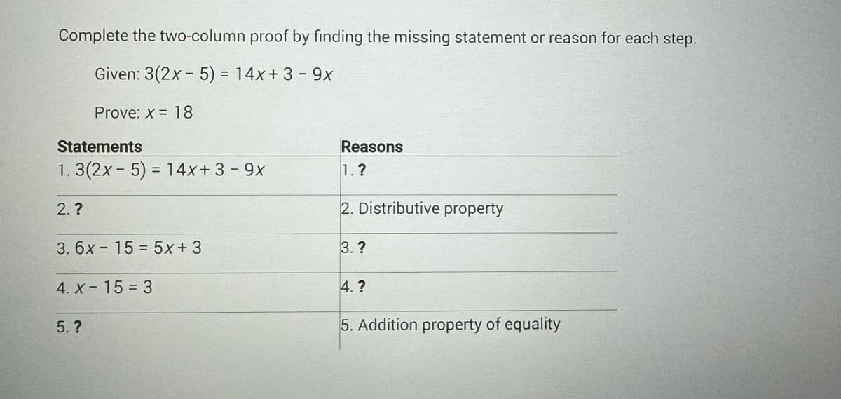 Complete the two-column proof by finding the missing statement or reason for each step.
Given: 3(2x - 5) = 14x +3 - 9x
Prove: x = 18
Statements
1. 3(2x - 5) = 14x+ 3-9x
2.?
3. 6x15 5x+3
=
4. X-15 = 3
5. ?
Reasons
1. ?
2. Distributive property
3. ?
4. ?
5. Addition property of equality