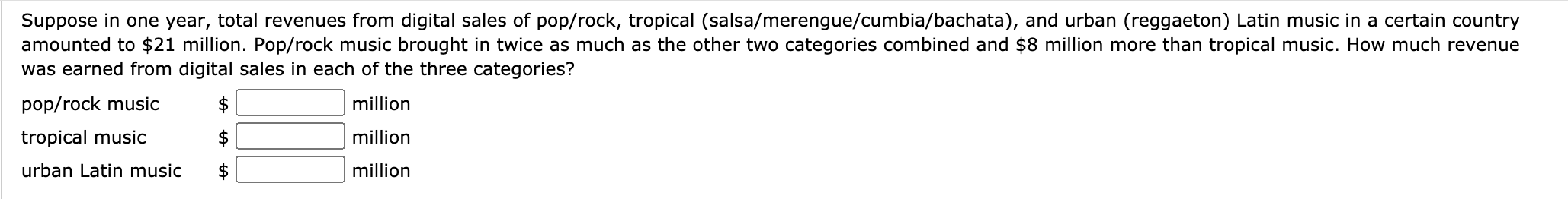 Suppose in one year, total revenues from digital sales of pop/rock, tropical (salsa/merengue/cumbia/bachata), and urban (reggaeton) Latin music in a certain country
amounted to $21 million. Pop/rock music brought in twice as much as the other two categories combined and $8 million more than tropical music. How much revenue
was earned from digital sales in each of the three categories?
pop/rock music
$
million
tropical music
$
million
urban Latin music
million
