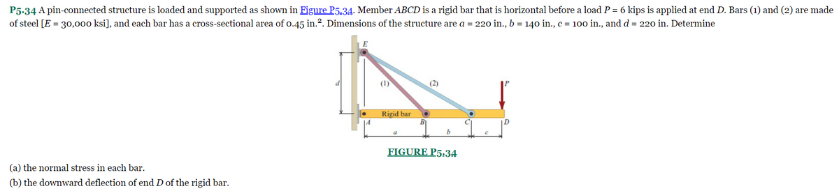 P5.34 A pin-connected structure is loaded and supported as shown in Figure P5.34. Member ABCD is a rigid bar that is horizontal before a load P = 6 kips is applied at end D. Bars (1) and (2) are made
of steel [E = 30,000 ksi], and each bar has a cross-sectional area of 0.45 in.². Dimensions of the structure are a = 220 in., b = 140 in., c = 100 in., and d = 220 in. Determine
(a) the normal stress in each bar.
(b) the downward deflection of end D of the rigid bar.
d
(1)
Rigid bar
a
b
FIGURE P5:34
C
D