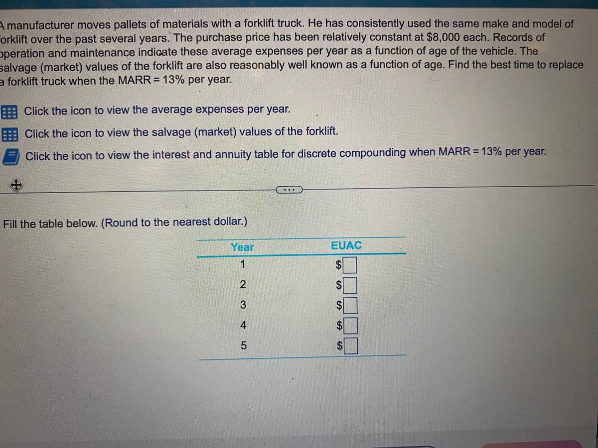 A manufacturer moves pallets of materials with a forklift truck. He has consistently used the same make and model of
Forklift over the past several years. The purchase price has been relatively constant at $8,000 each. Records of
operation and maintenance indicate these average expenses per year as a function of age of the vehicle. The
salvage (market) values of the forklift are also reasonably well known as a function of age. Find the best time to replace
a forklift truck when the MARR = 13% per year.
+
Click the icon to view the average expenses per year.
Click the icon to view the salvage (market) values of the forklift.
Click the icon to view the interest and annuity table for discrete compounding when MARR = 13% per year.
Fill the table below. (Round to the nearest dollar.)
Year
1
2
3
4
LO
5
EUAC
$
$
SA
$
S