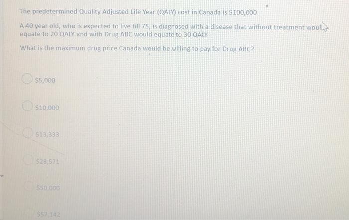 The predetermined Quality Adjusted Life Year (QALY) cost in Canada is $100,000
A 40 year old, who is expected to live till 75, is diagnosed with a disease that without treatment woule
equate to 20 QALY and with Drug ABC would equate to 30 QALY
What is the maximum drug price Canada would be willing to pay for Drug ABC?
O $5,000
$10,000
$13,333
$28,571
550.000
$57.142
