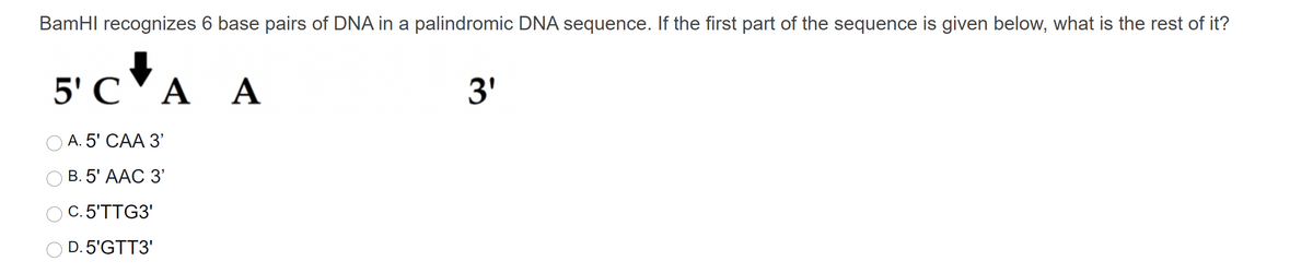 BamHI recognizes 6 base pairs of DNA in a palindromic DNA sequence. If the first part of the sequence is given below, what is the rest of it?
5' C 'A A
А
3'
ОА. 5' САА З'
ОВ. 5' ААС З'
C. 5'TTG3'
D. 5'GTT3'
