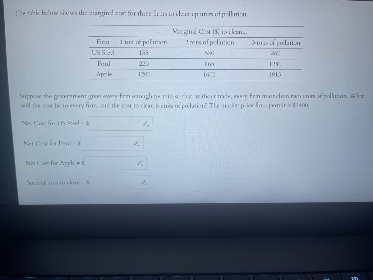 The table below shows the marginal cost for three firms to clean up units of pollution.
Marginal Cost ($) to clean...
Firm
1 ton of pollution
2 tons of pollution
3 tons of pollution
US Steel
155
580
860
Ford
220
865
1280
Apple
1200
1600
1915
Suppose the government gives every firm enough permits so that, without trade, every firm must clean two units of pollution. What.
will the cost be to every firm, and the cost to clean 6 units of pollution? The market price for a permit is $1400.
Net Cost for US Steel = $
Net Cost for Ford = $
Net Cost for Apple = $
Societal cost to clean = $
F12
